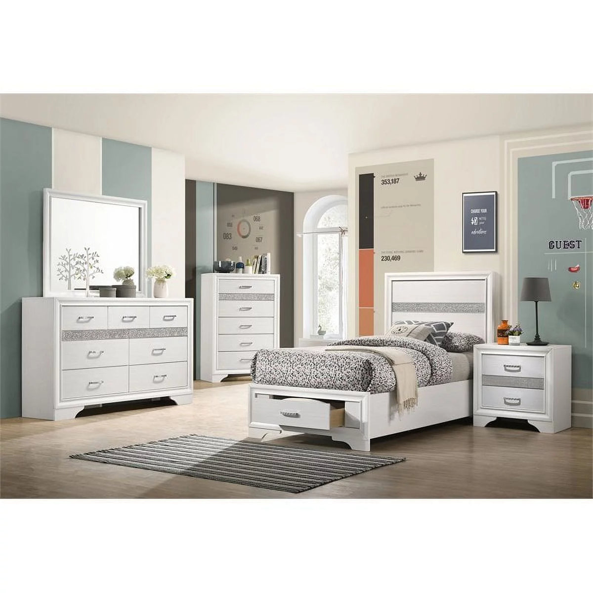 White 4-piece Twin Storage Wood Bedroom Set R922