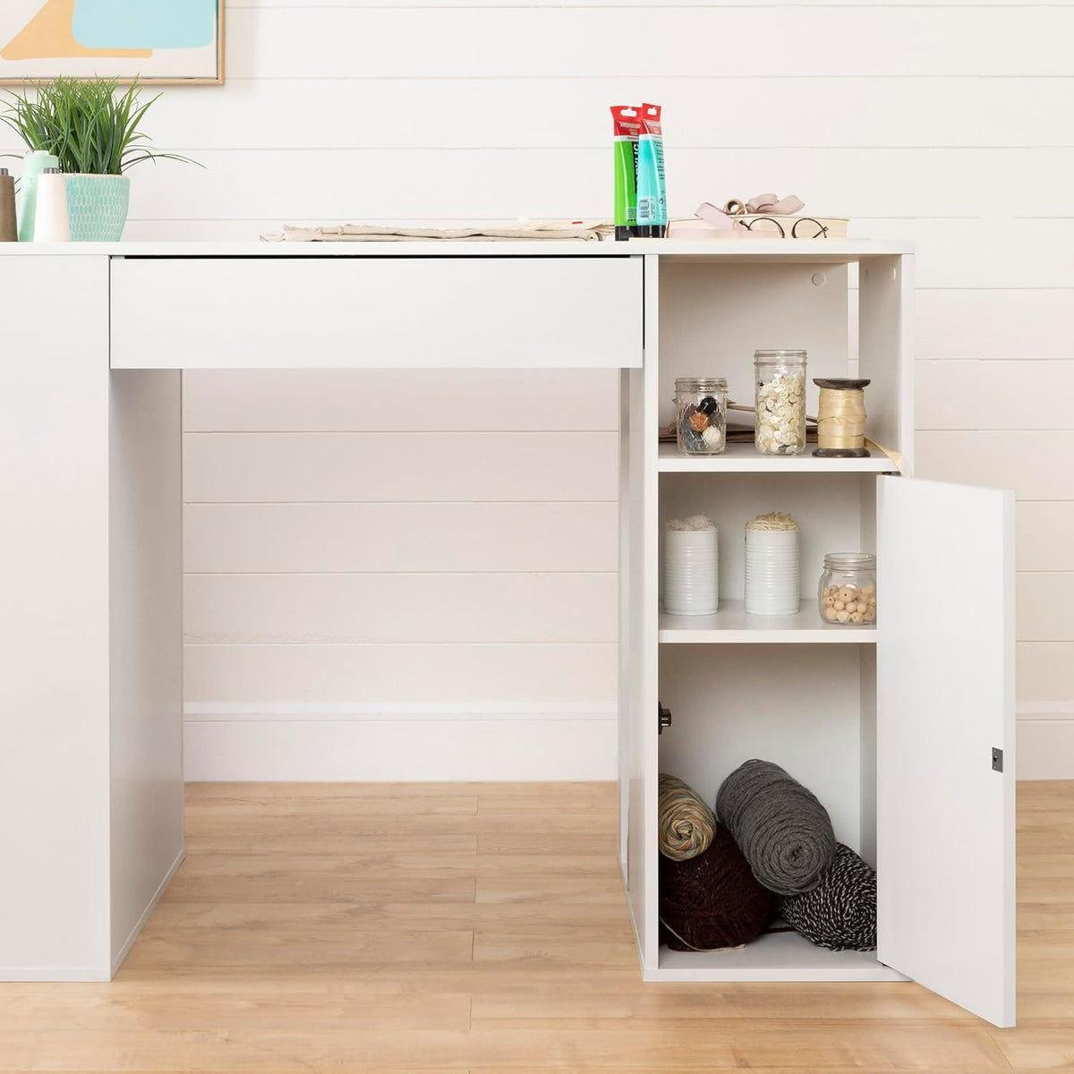 Pure White Counter-Height Craft Table with 4 Baskets L77188