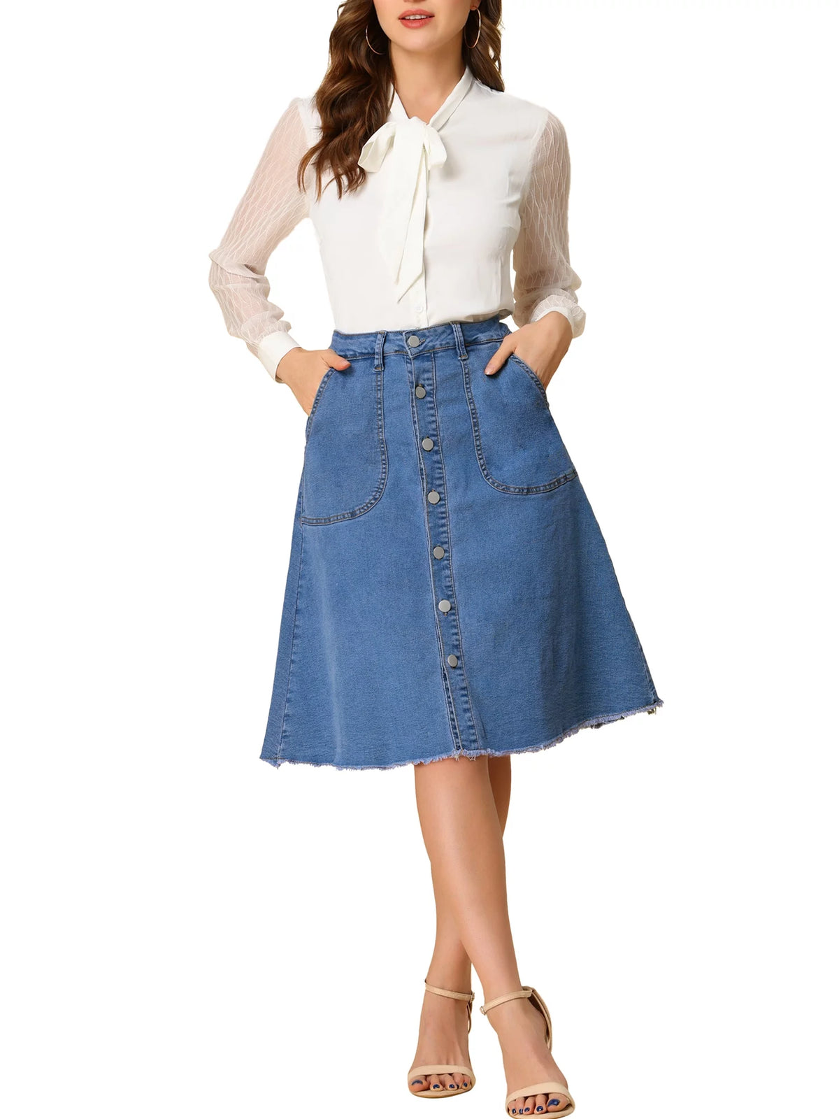 Denim Raw Hem Button Down A-Line Midi Skirt V353513