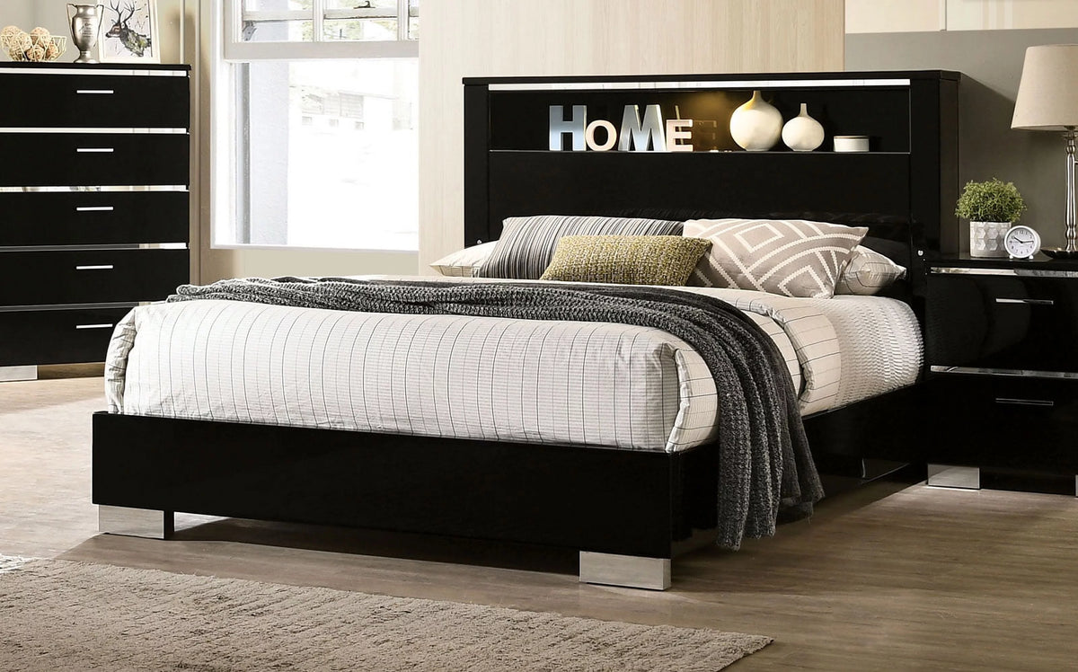Queen Size Black High Gloss Lacquer Solid Wood Bed O104559