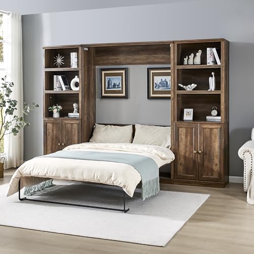 Queen Size Wall Murphy Bed with 2 Side Cabinet Storage Shelf and Built-in USB Ports S120848