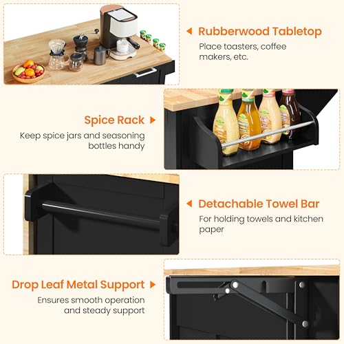 Black Kitchen Island Cart with Drop-Leaf Countertop, Rolling Storage Cabinet & 3 Drawers R988438