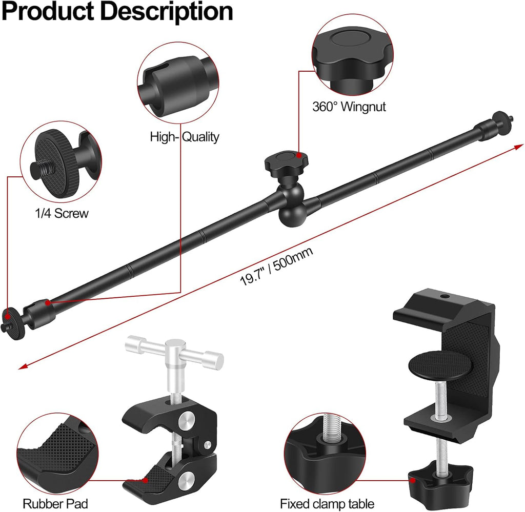 Camera Mount Clamp with 1/4 and 3/8 Thread Adjustable Articulating Arm N40125