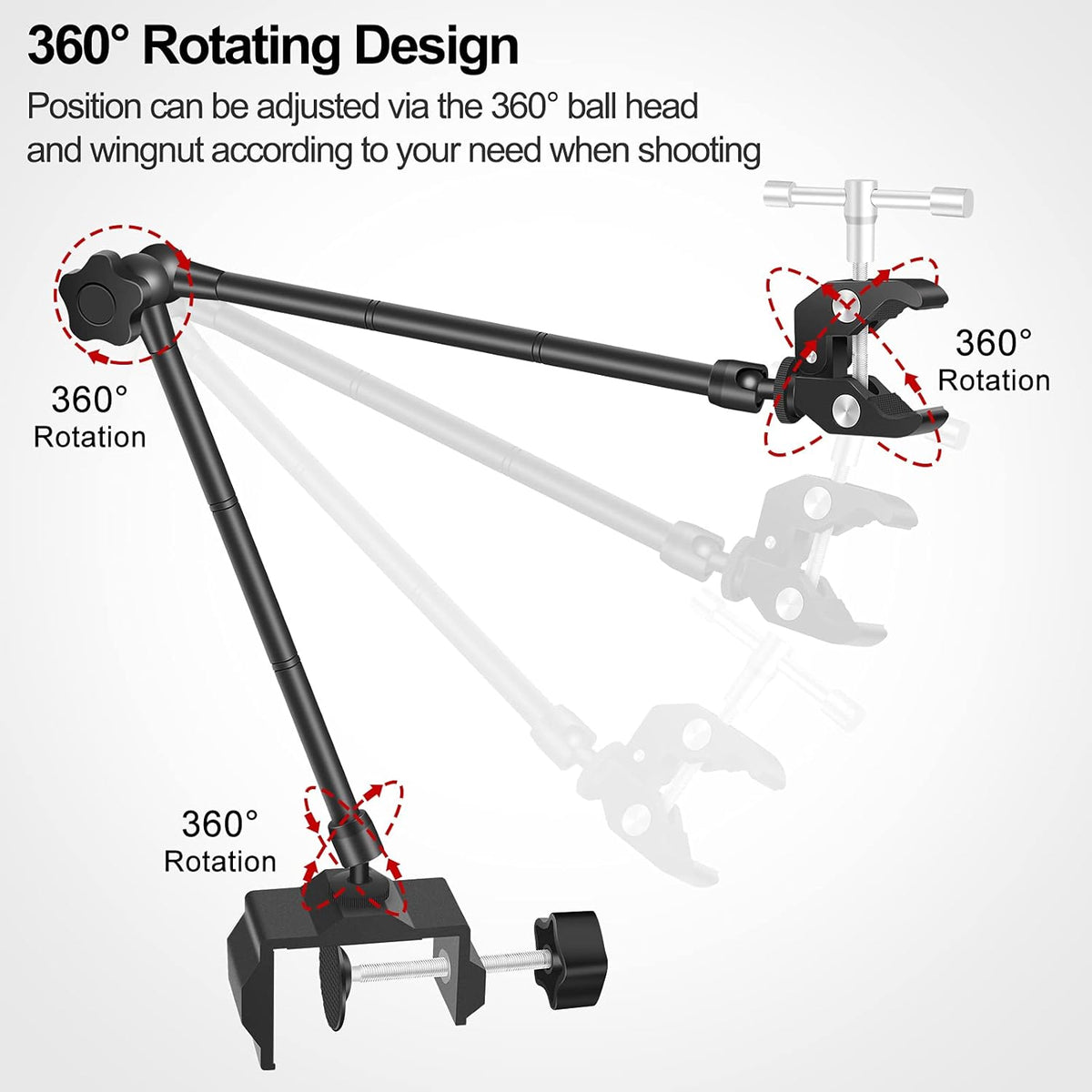 Camera Mount Clamp with 1/4 and 3/8 Thread Adjustable Articulating Arm N40125