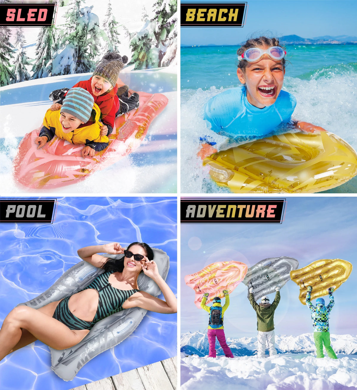 Inflatable Snow Sled Set of 3, Rose Gold, Gold, and Silver, 44 Inch M30081