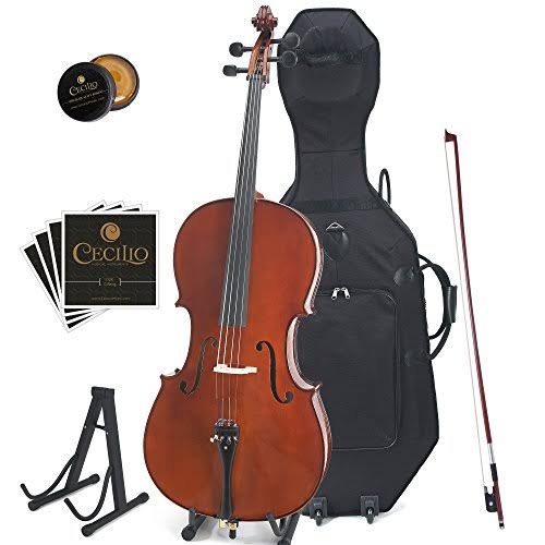 Ebony Fitted Flamed Solid Wood Cello with Hard & Soft Case Stand Bow Rosin Bridge and Extra Set of Strings Size 1/2 I394274