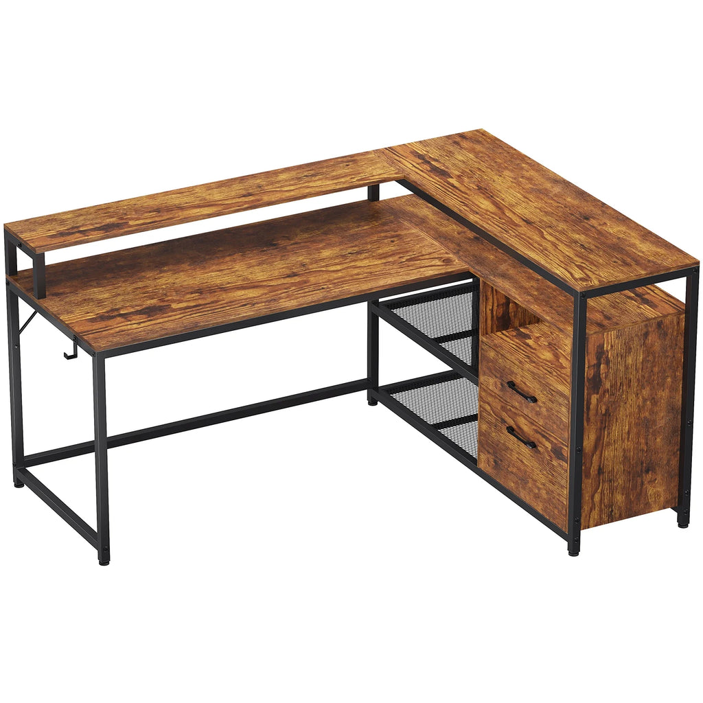Brown L Shaped Computer Desk with LED Lights and 2 Drawers Z7368