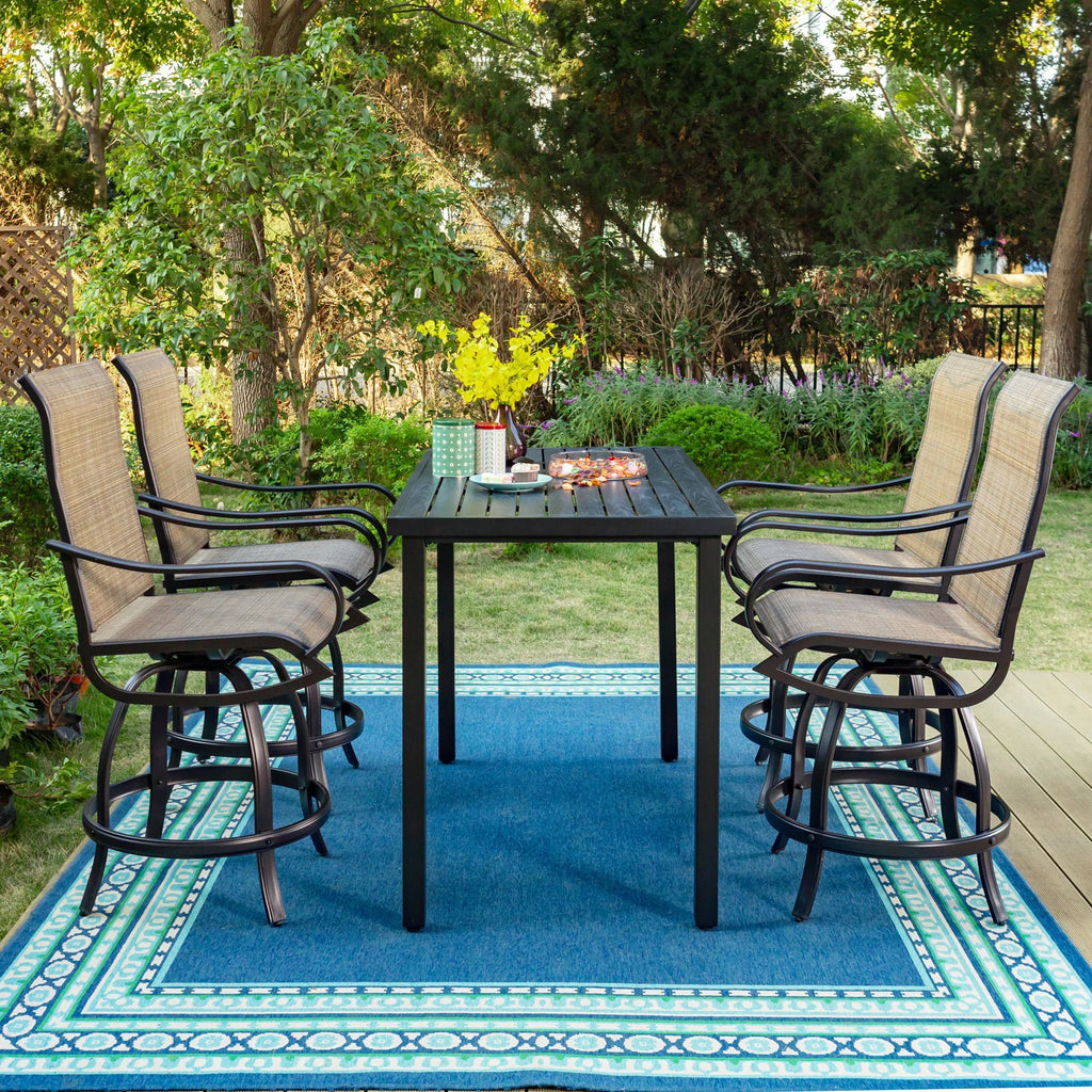 5-Piece Outdoor Bar Stool Set with Rectangle Counter Height Table & Patio Swivel Bar Chairs, Black & Brown A35751
