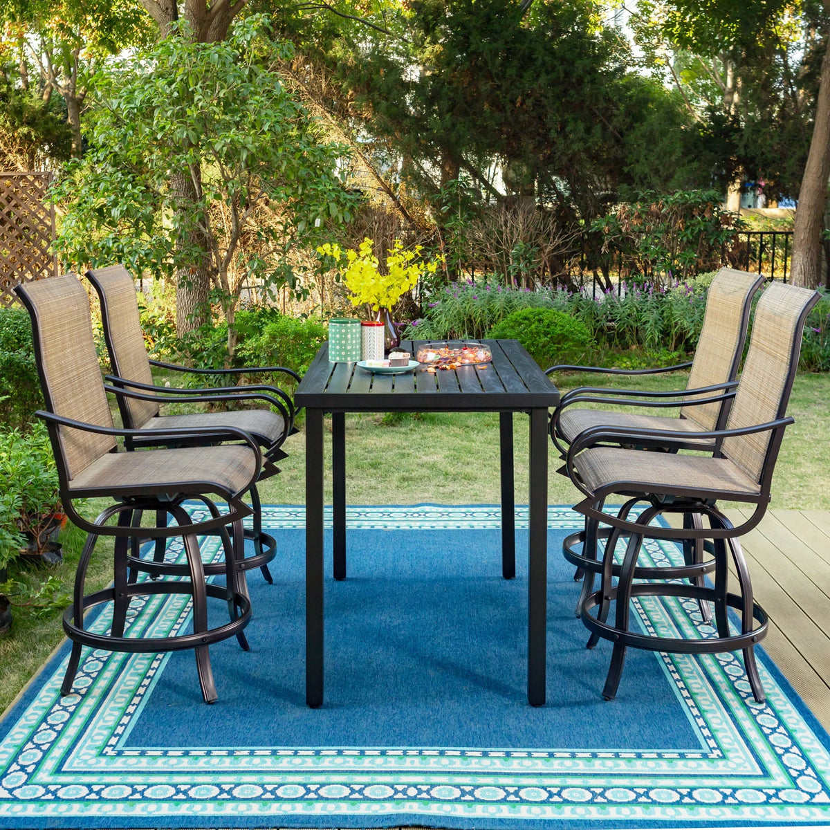 5-Piece Outdoor Bar Stool Set with Rectangle Counter Height Table & Patio Swivel Bar Chairs, Black & Brown A35751