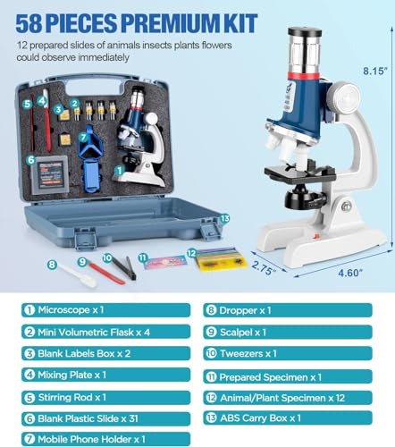 Kids Microscope Kit 100X-1200X Magnification Metal Body LED Light C20642