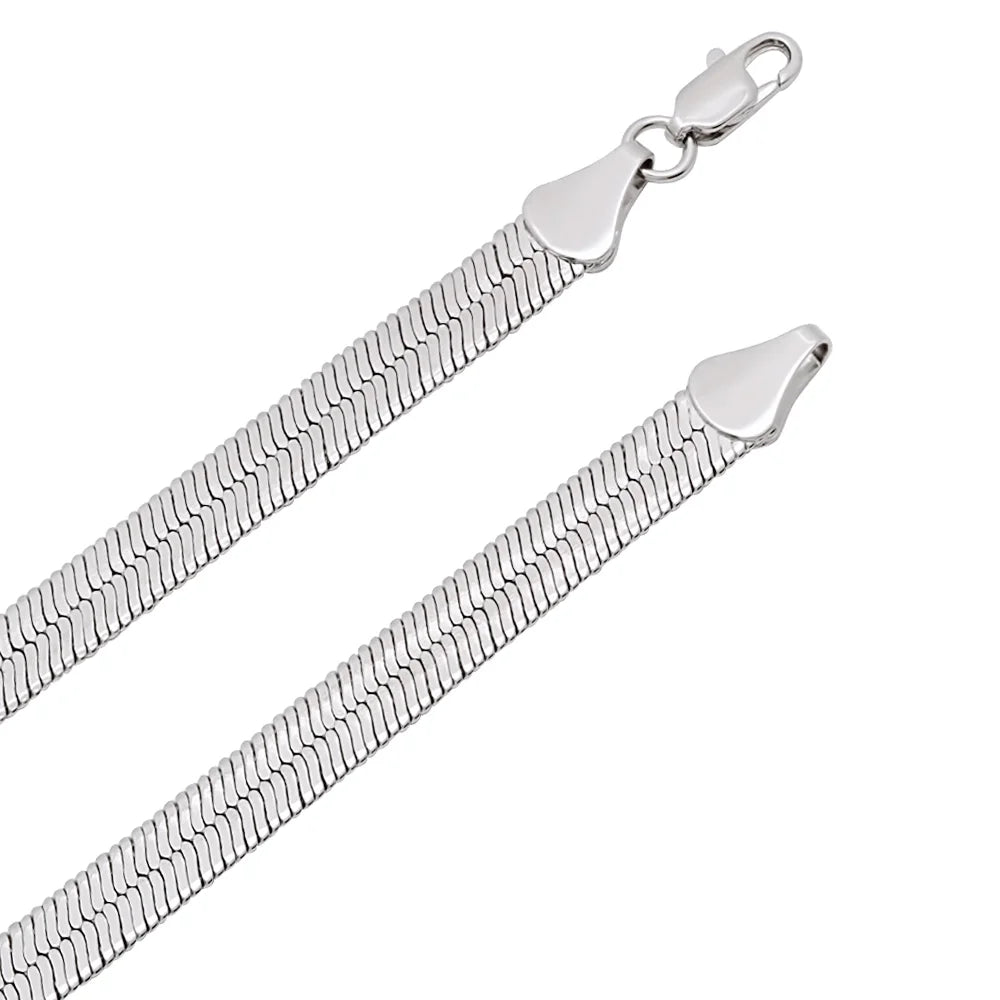 Rhodium Plated Flat Herringbone Chain Necklace, 24 inches D409