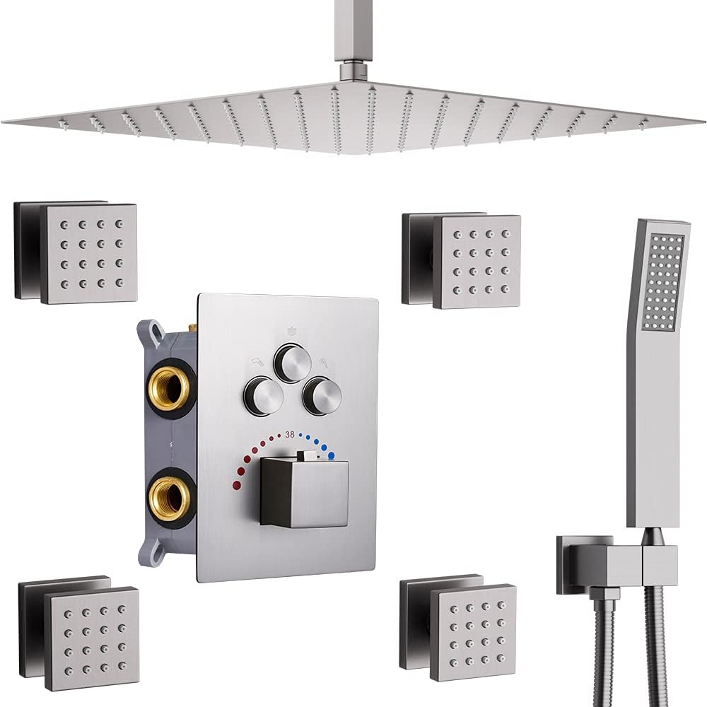 16 Inch Square Rainfall Shower System Set with 4 Body Spray Jets and Handshower U19686