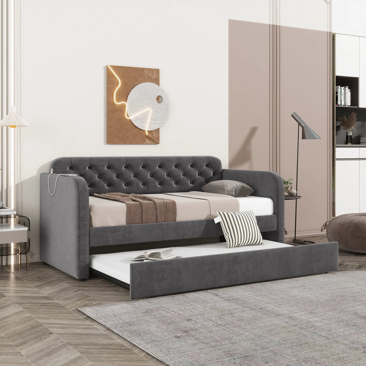 Twin Size Velvet Upholstered Daybed with Trundle F7394