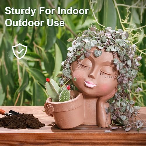 Khaki Lady Face Planter Pot with Drainage Hole U9462
