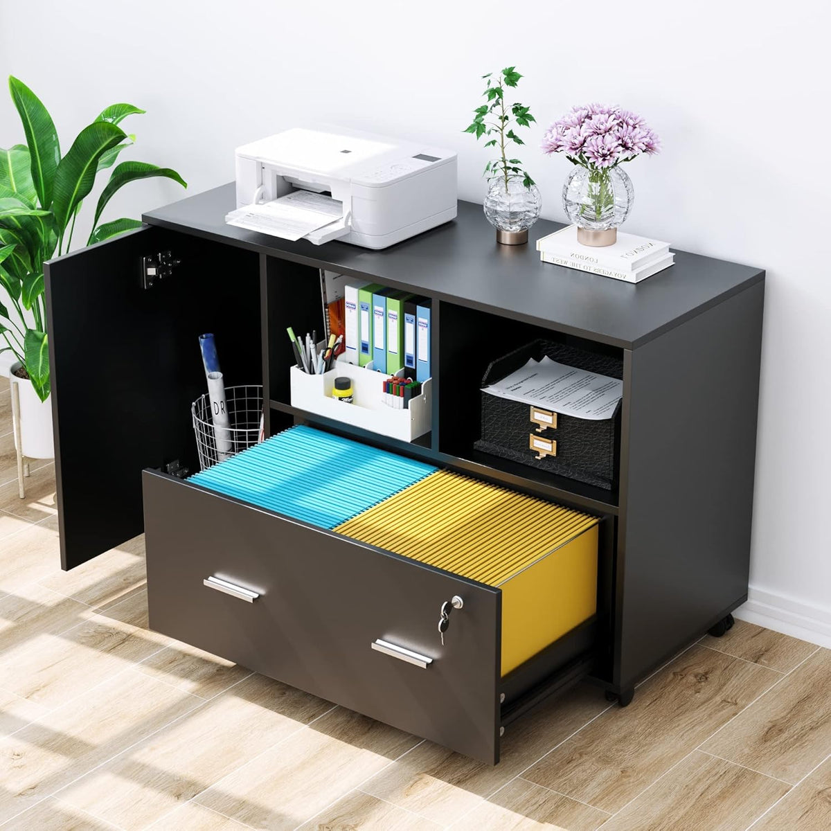 Black Wood File Cabinet with Drawers and Lock S984
