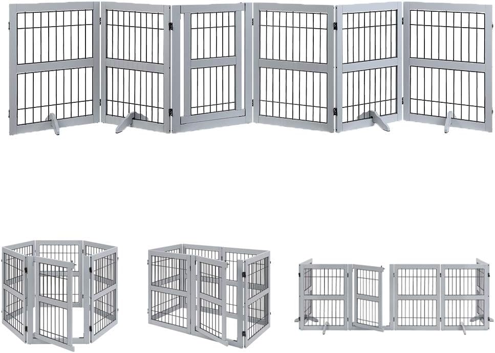 6 Panels Extra Wide Freestanding Walk Through Dog Gate with 4 Support Feet Z5160