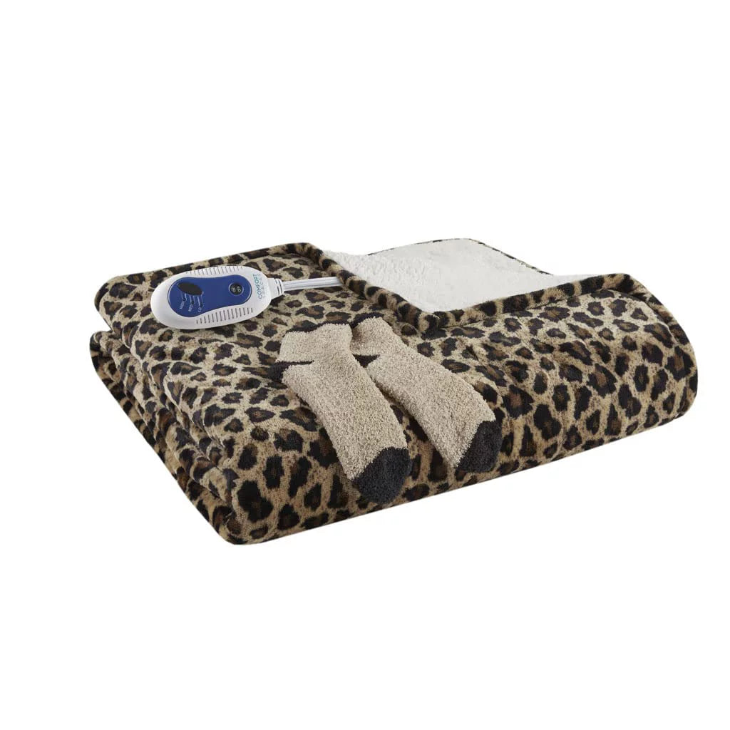 Sherpa Electric Throw Wrap with Sock Set Heated Wearable Blanket Reversible Animal Print 50"x64" P2498