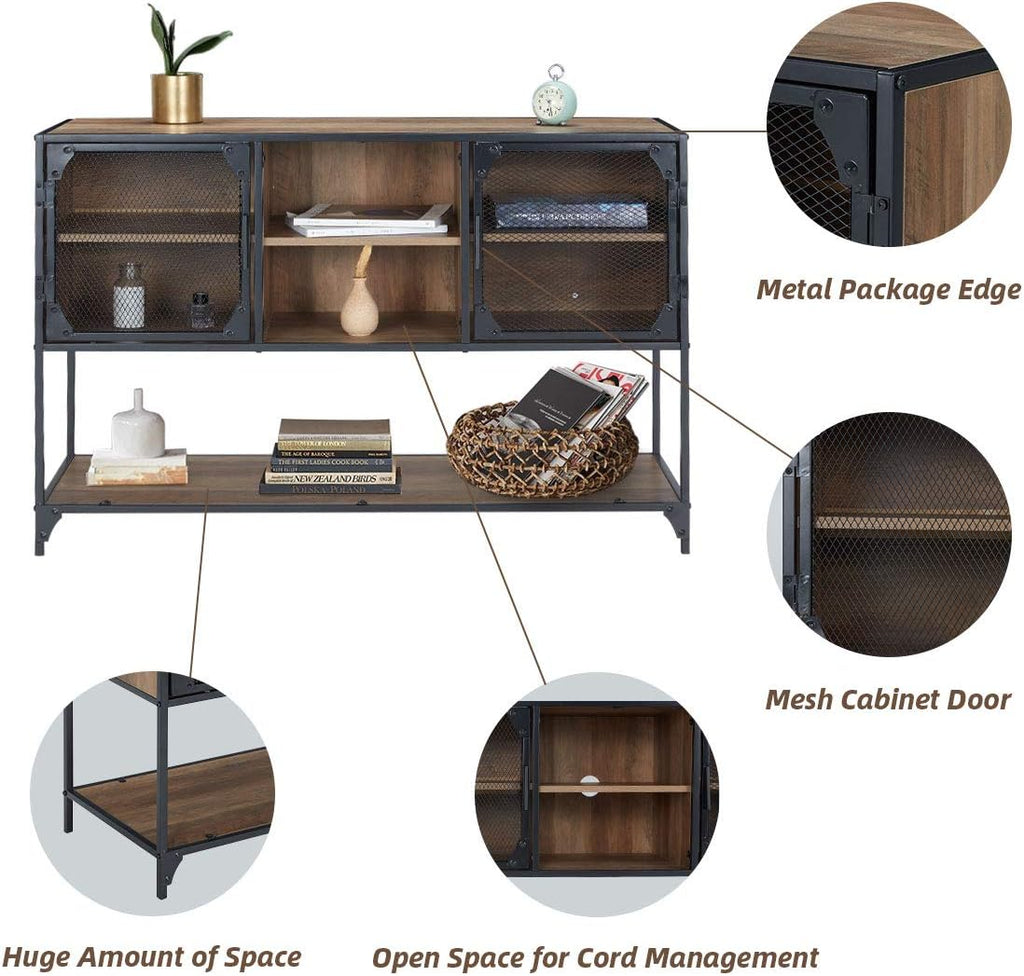 Rustic Brown Kitchen Storage Cabinet with Metal Mesh Doors and Adjustable Shelves M676698