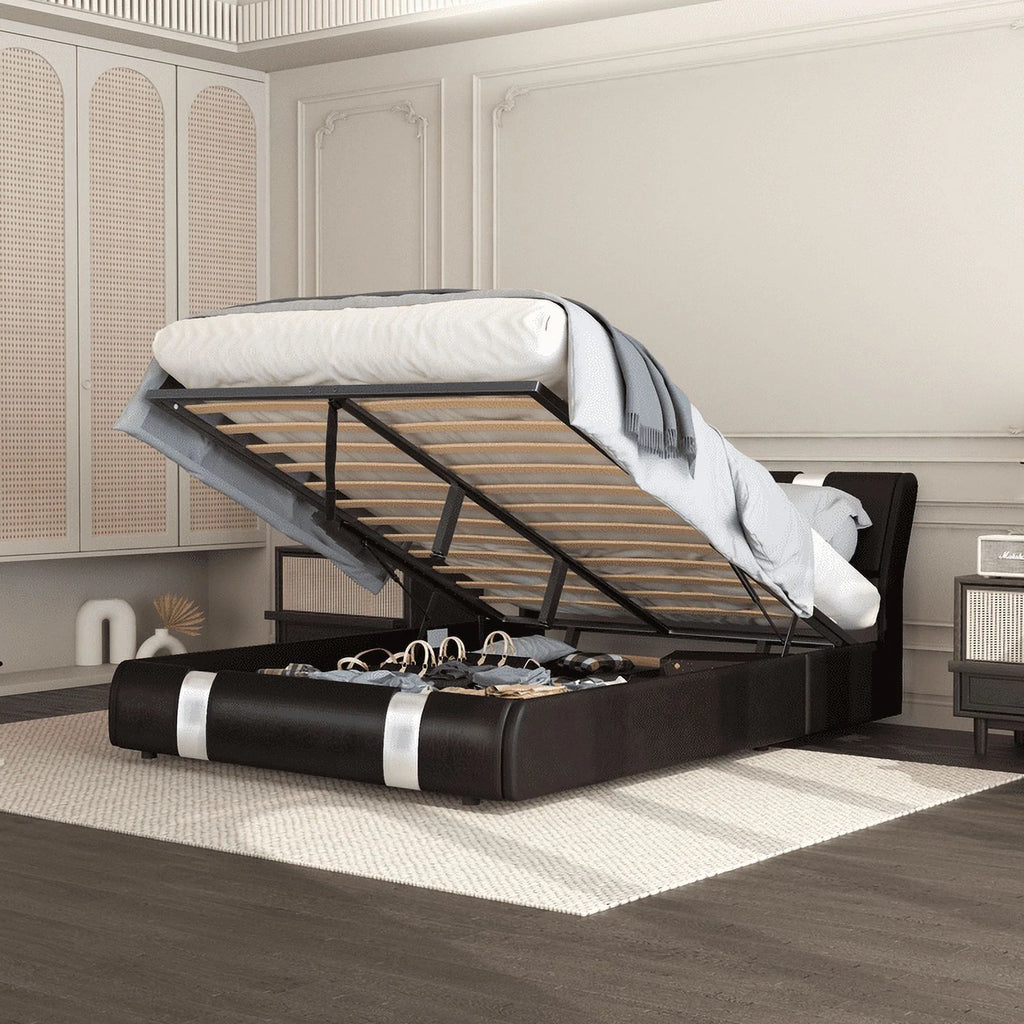 Brown Queen Size Faux Leather Upholstered Platform Bed with Lift Up Storage A9659