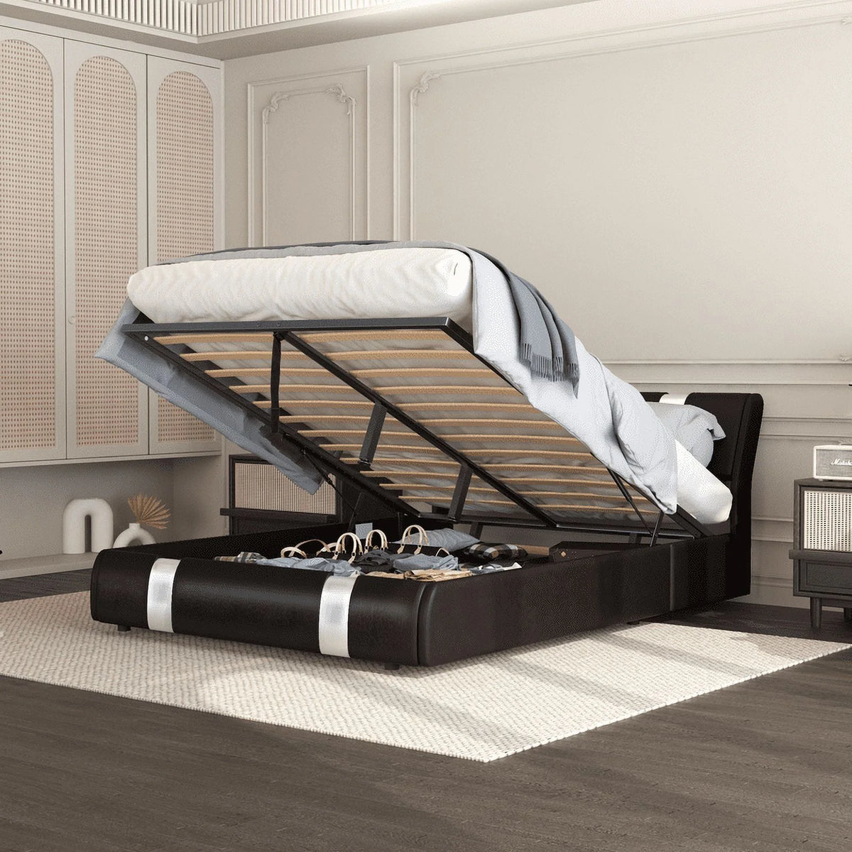 Brown Queen Size Faux Leather Upholstered Platform Bed with Lift Up Storage A9659