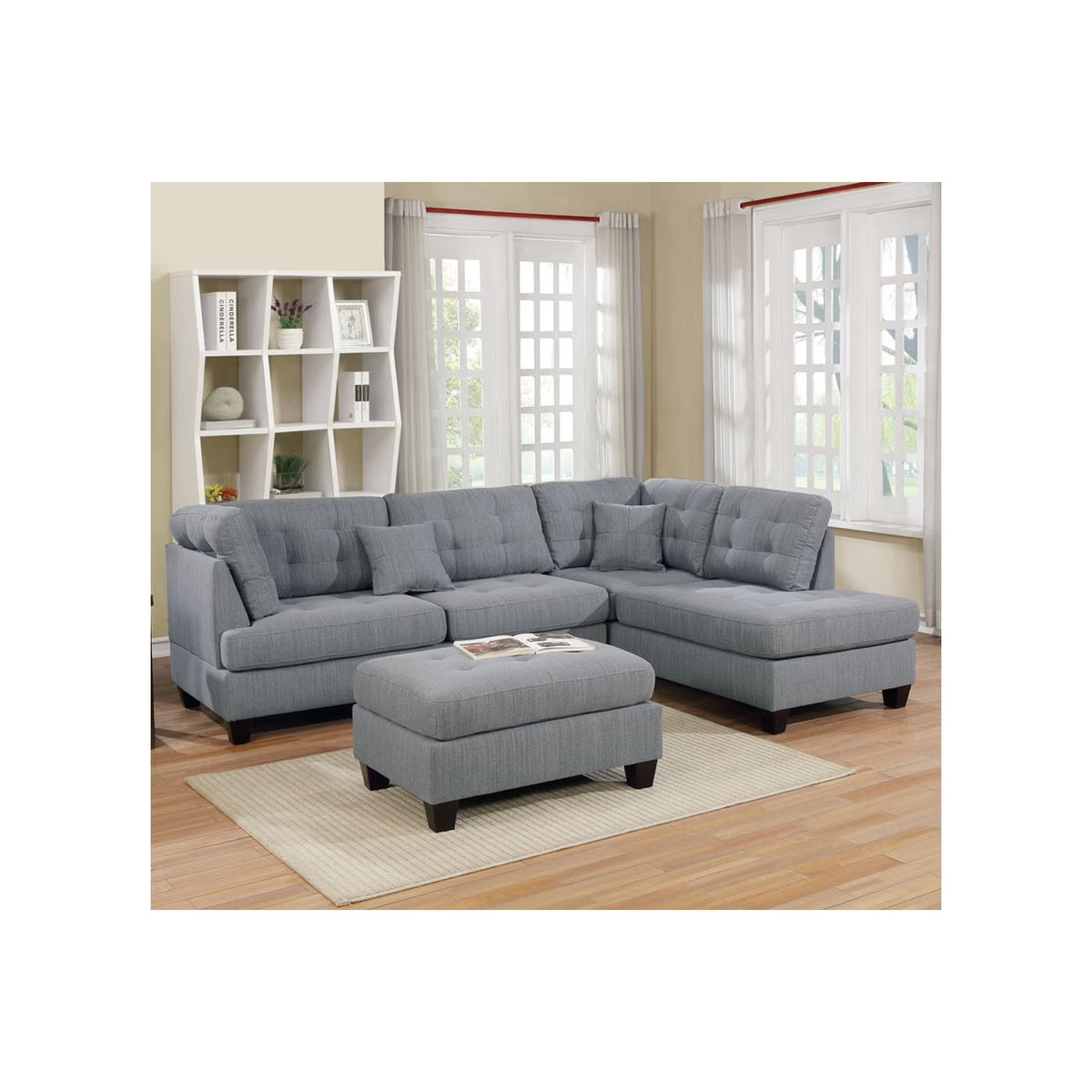 Gray 3 Piece Fabric Sectional Sofa Set with Ottoman G456439