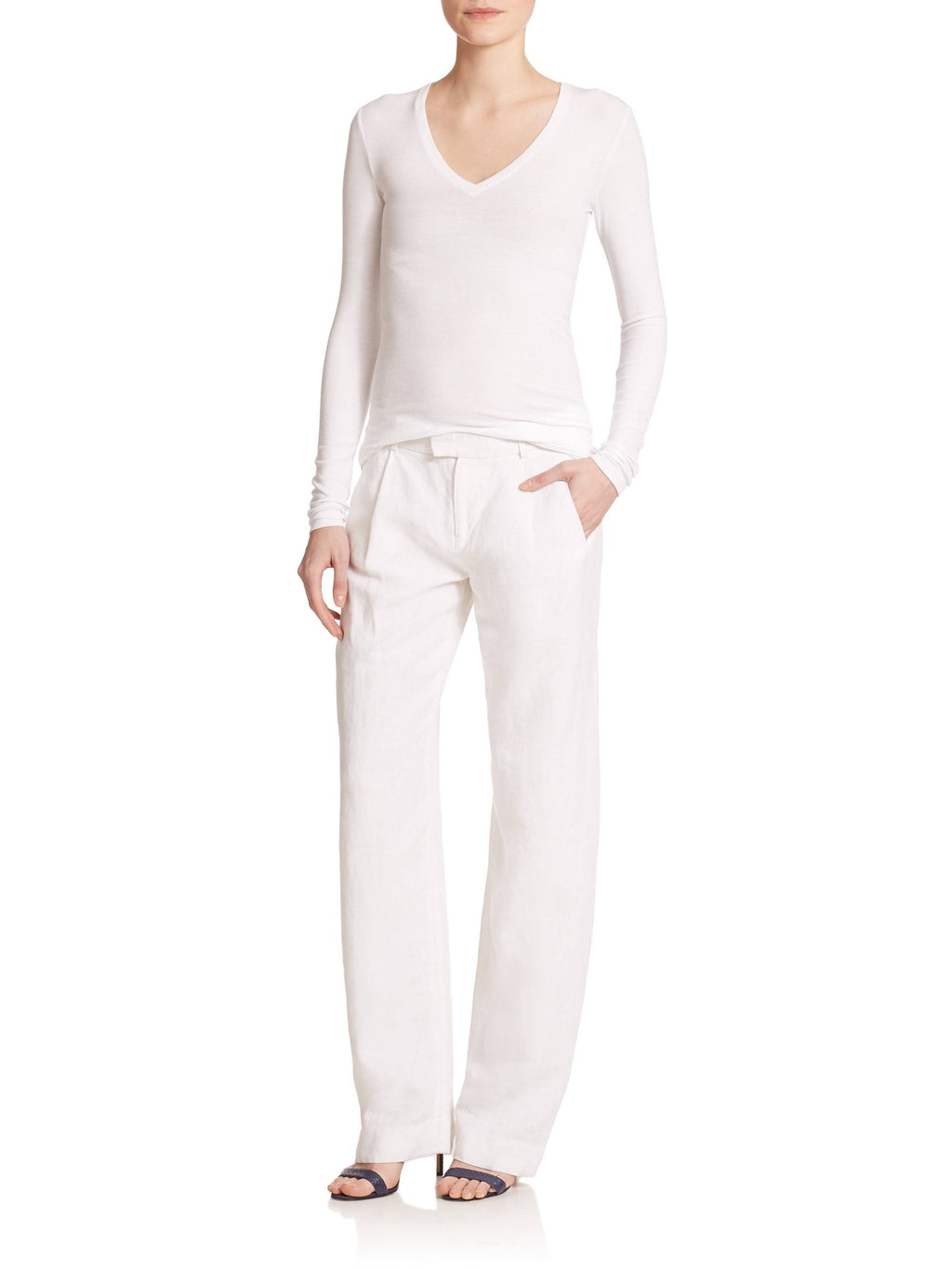White Long-Sleeve V-Neck Tee B9828