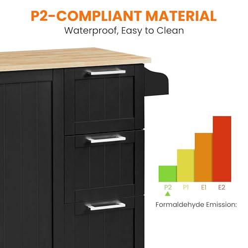 Black Kitchen Island Cart with Drop-Leaf Countertop, Rolling Storage Cabinet & 3 Drawers R988438
