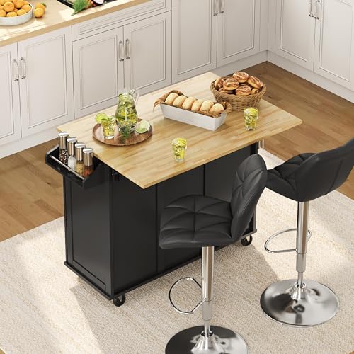 Black Kitchen Island Cart with Drop-Leaf Countertop, Rolling Storage Cabinet & 3 Drawers R988438