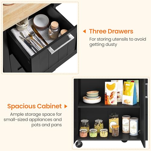 Black Kitchen Island Cart with Drop-Leaf Countertop, Rolling Storage Cabinet & 3 Drawers R988438