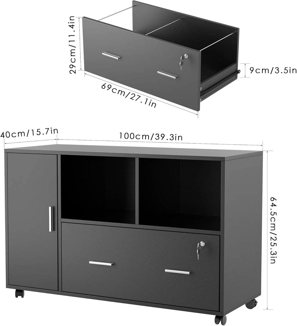 Black Wood File Cabinet with Drawers and Lock S984