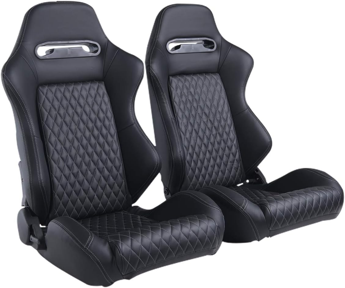 2PCS PVC Leather Racing Bucket Seats with Sliders (Black & White) T10977