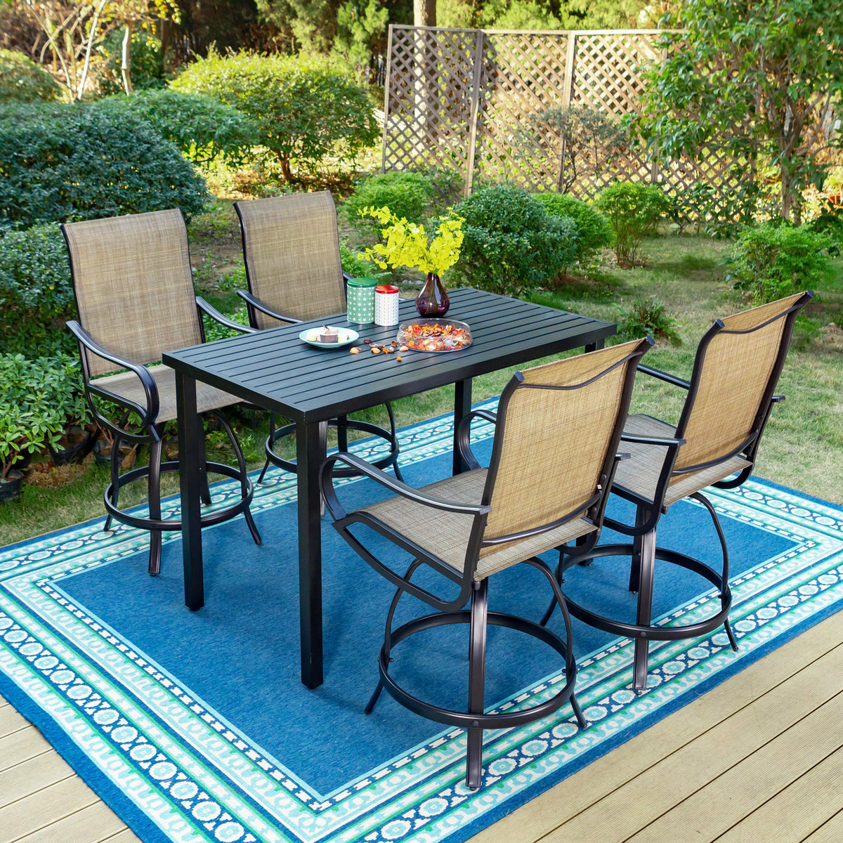 5-Piece Outdoor Bar Stool Set with Rectangle Counter Height Table & Patio Swivel Bar Chairs, Black & Brown A35751