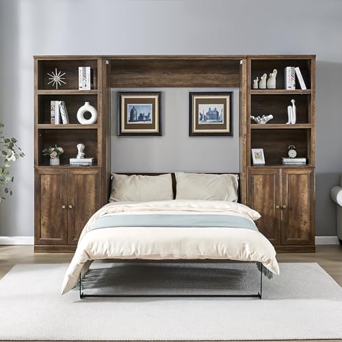 Queen Size Wall Murphy Bed with 2 Side Cabinet Storage Shelf and Built-in USB Ports S120848