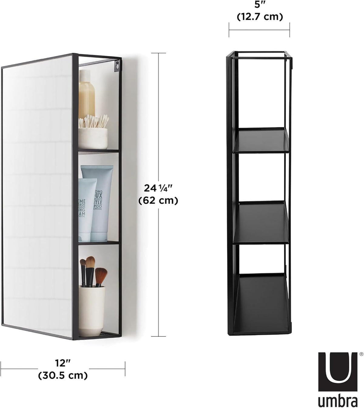 Black Metal Bathroom Mirror Storage Cabinet with 3 Shelves K63926