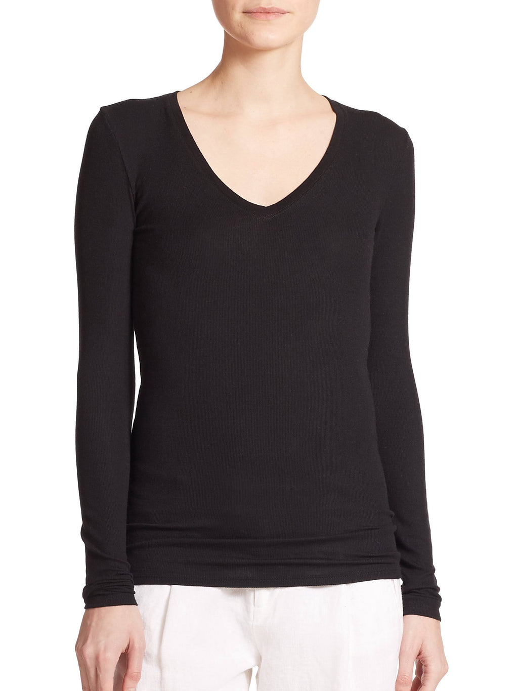White Long-Sleeve V-Neck Tee B9828
