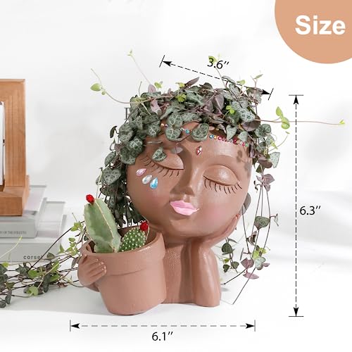 Khaki Lady Face Planter Pot with Drainage Hole U9462