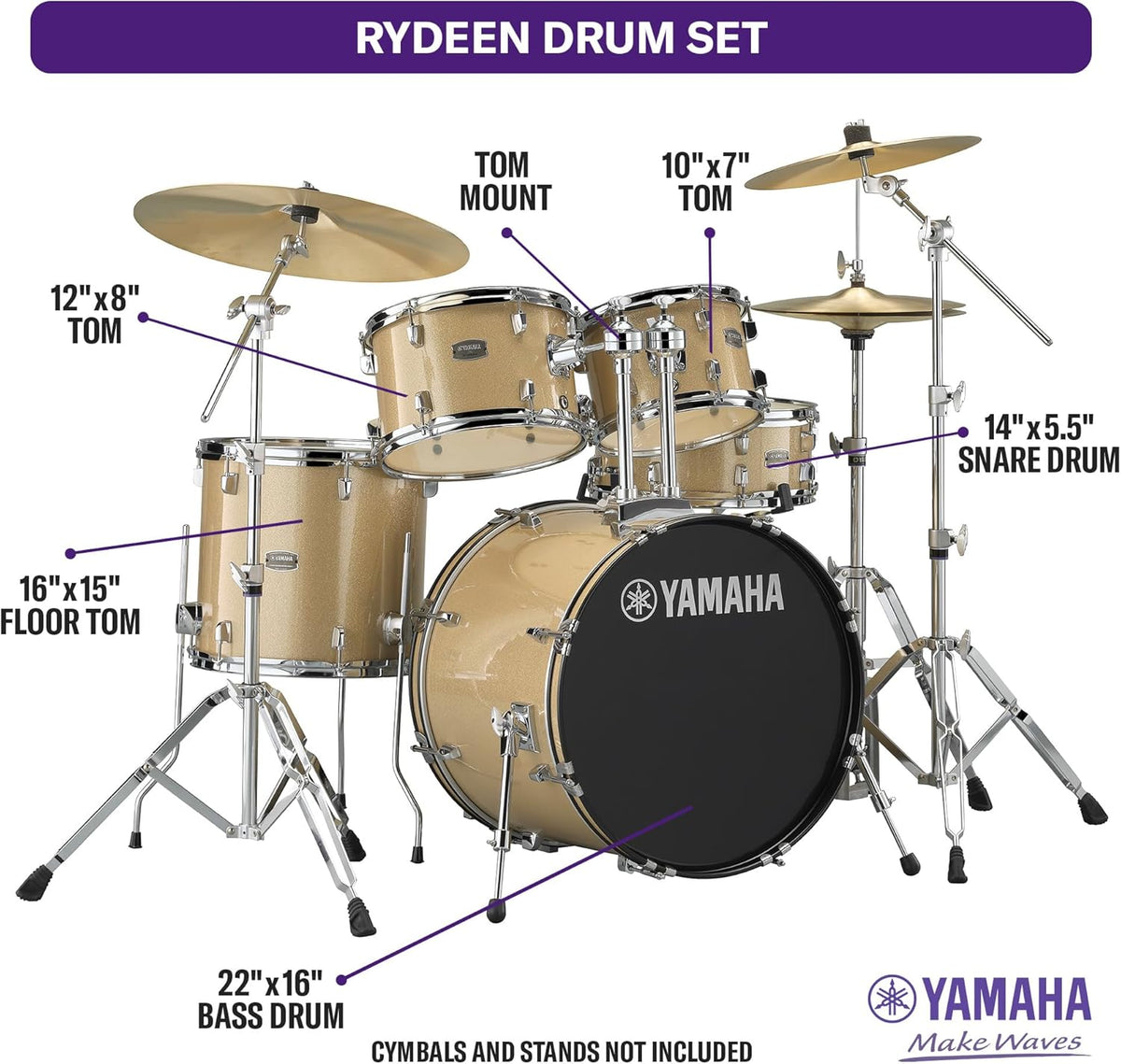 5-Piece Drum Set With 22" Bass Drum, Floor Tom, 2 Toms And Wood Snare Drum, Champagne Glitter Z1102