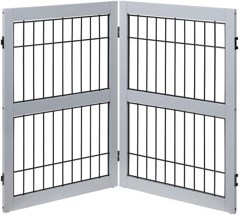 6 Panels Extra Wide Freestanding Walk Through Dog Gate with 4 Support Feet Z5160