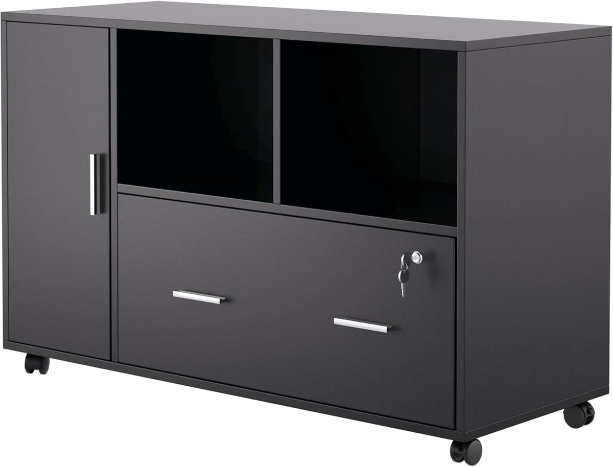 Black Wood File Cabinet with Drawers and Lock S984