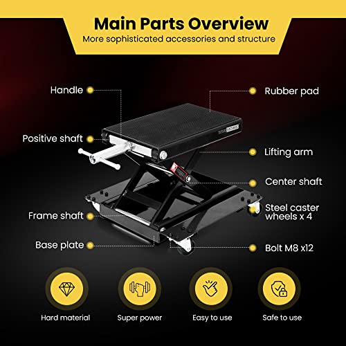 1100 Lbs Steel Wide Deck Motorcycle Lift Scissor Jack with Dolly and Hand Crank Black Y5679