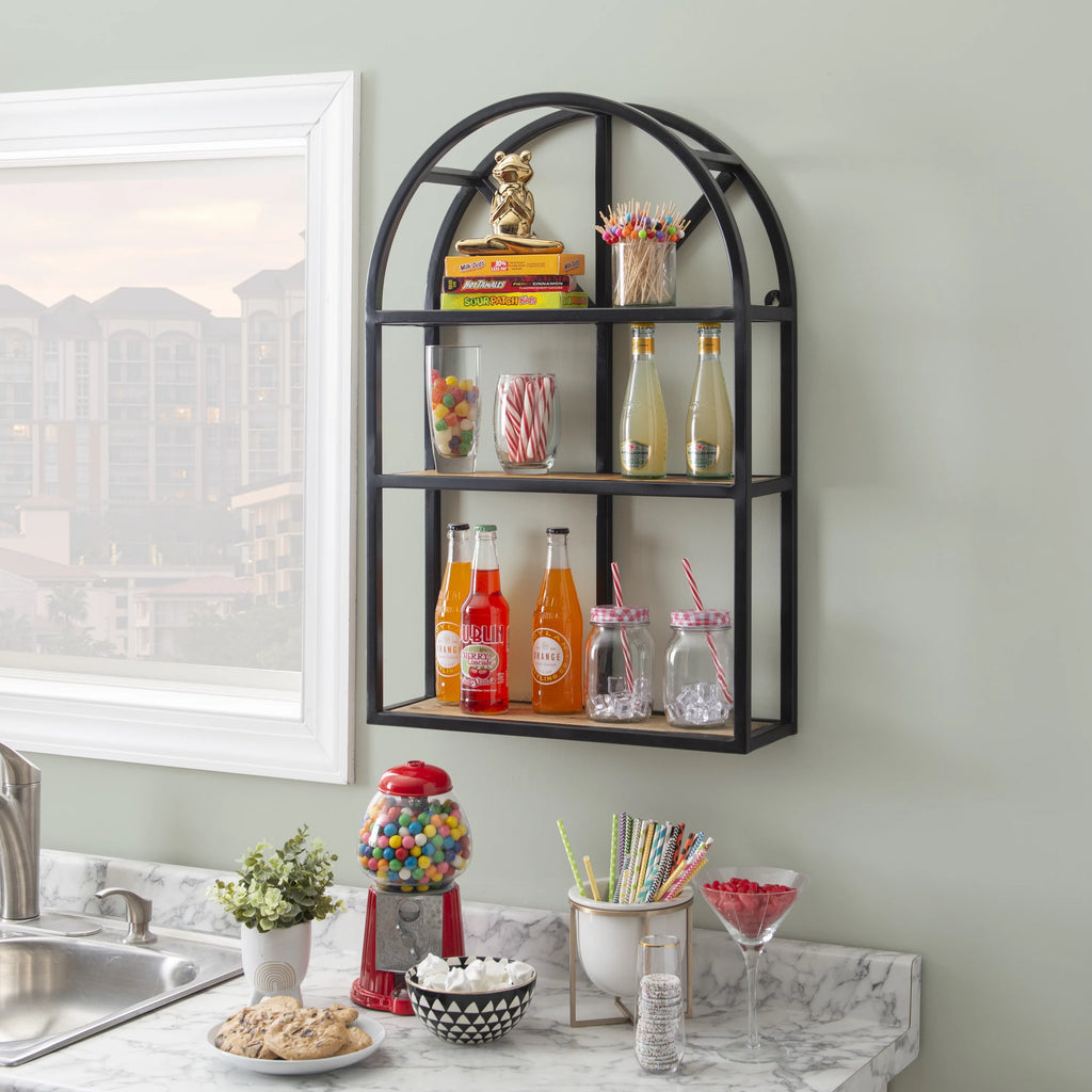 Black Metal Natural Mango Wood 3-Tier Wall Shelves X26771