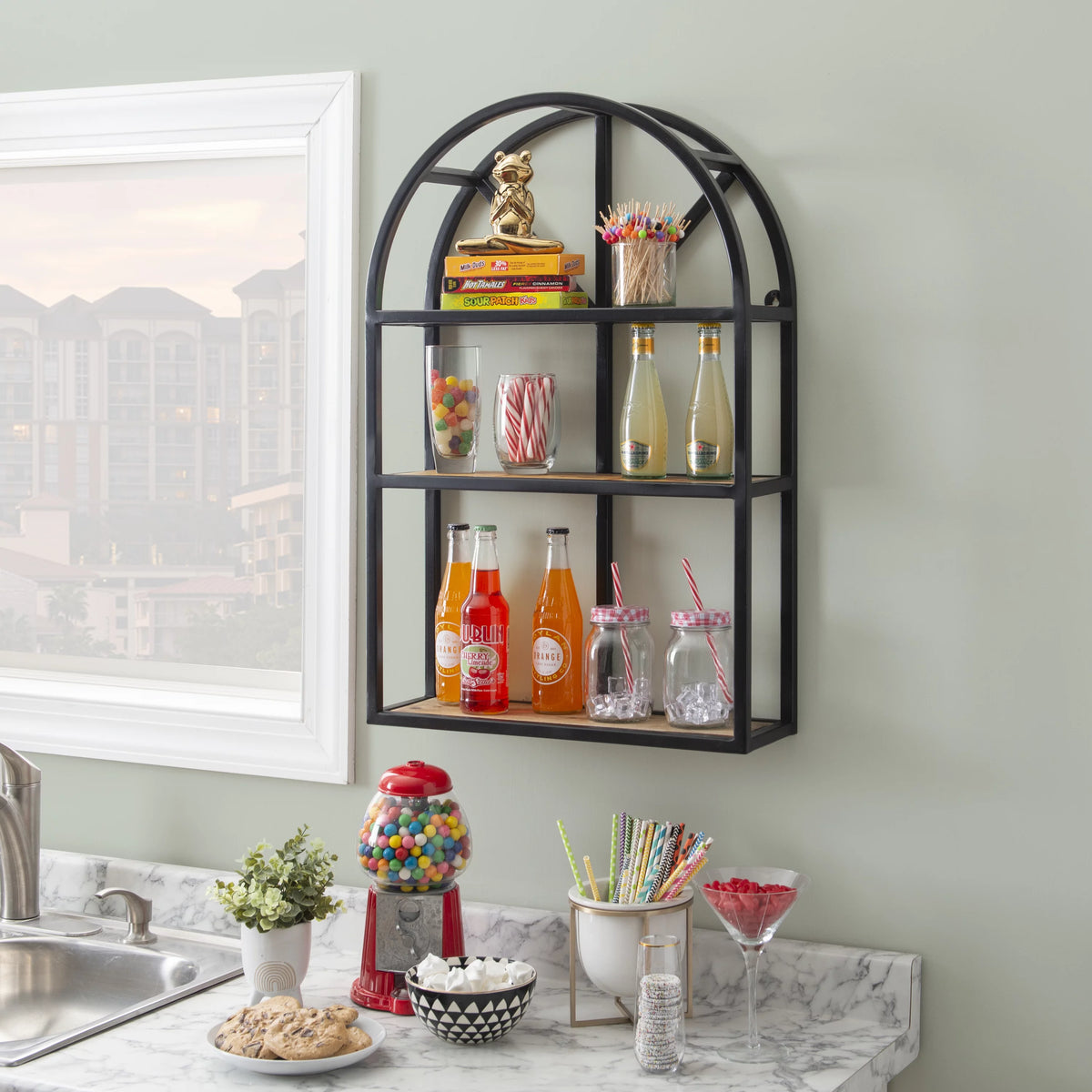 Black Metal Natural Mango Wood 3-Tier Wall Shelves X26771
