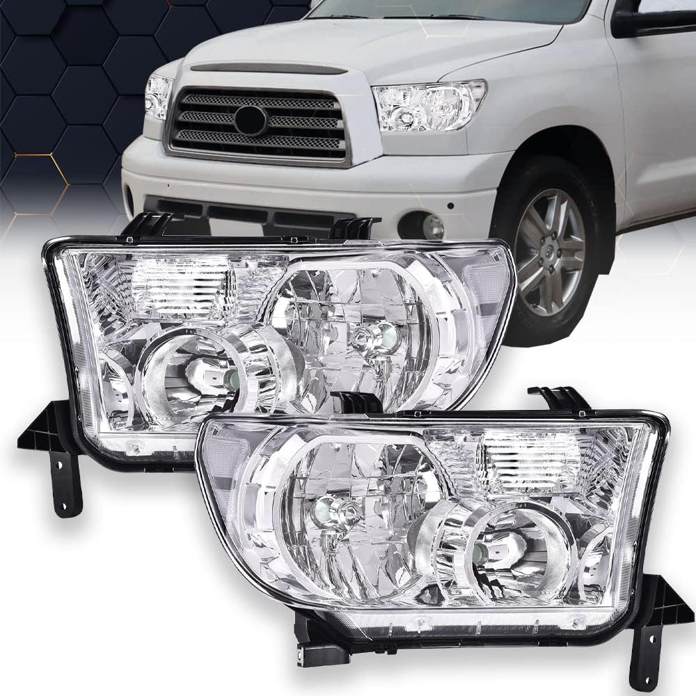 Headlights for 2007-2013 Toyota Tundra 2008-2017 Sequoia, Left+Right Clear Lens Chrome Housing Amber Reflector N55347