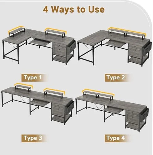 Rustic Brown L Shaped Desk with LED Lights and File Drawers P54747