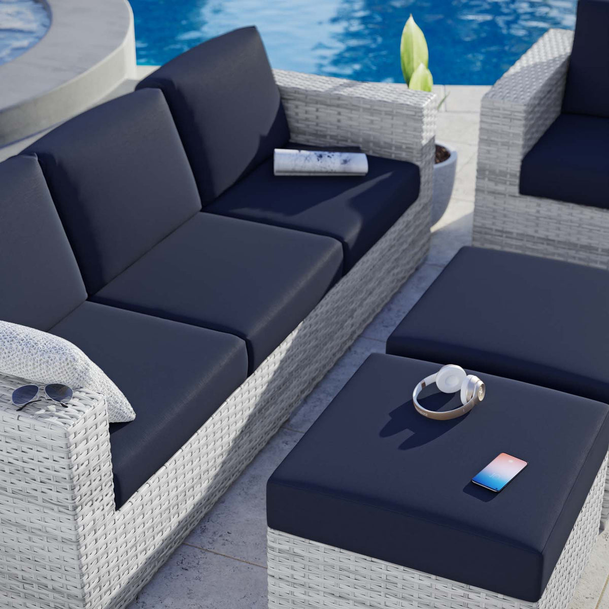 Lounge Sectional Sofa Chair Set, Rattan, Wicker, Light Grey Gray Blue Navy, Outdoor Patio Balcony Cafe Bistro Garden Furniture Hotel Hospitality C350