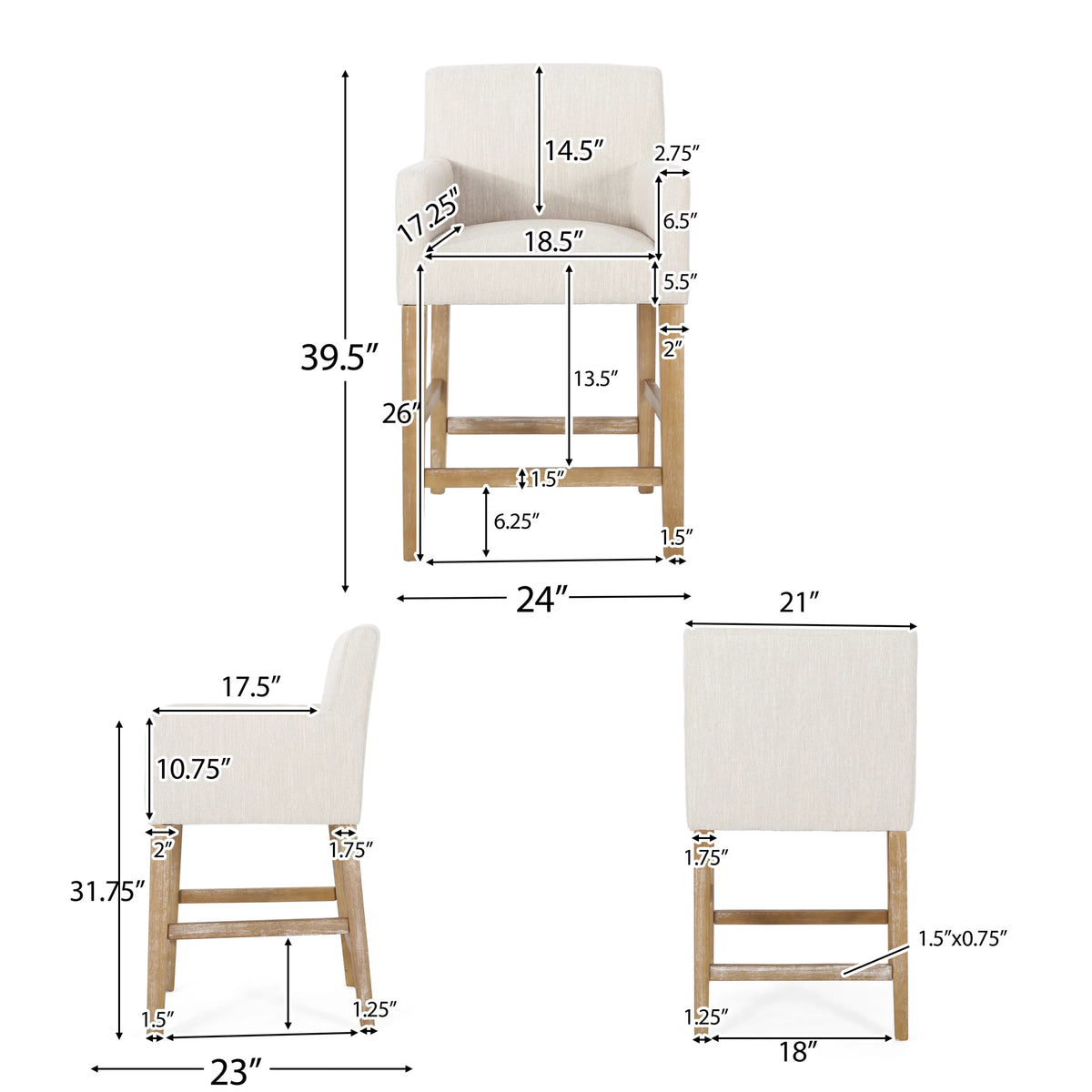 Beige Fabric Upholstered Wood 26 inch Counter Stools Set of 2 T65765