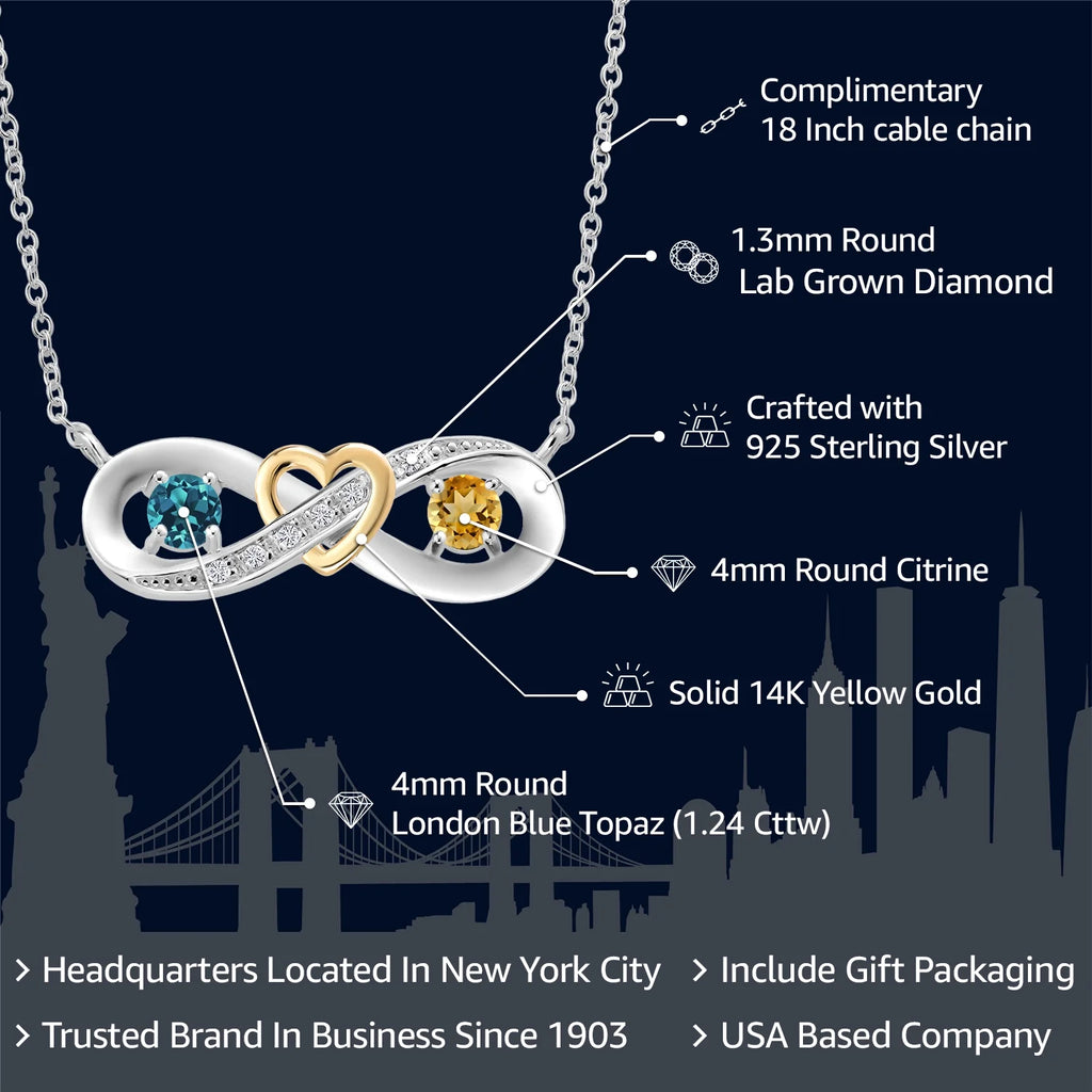 925 Silver 10K Yellow Gold London Blue Topaz Yellow Citrine Lab Grown Diamond Heart Interlocking Infinity Symbol Pendant Necklace with 18 inch Chain N8418