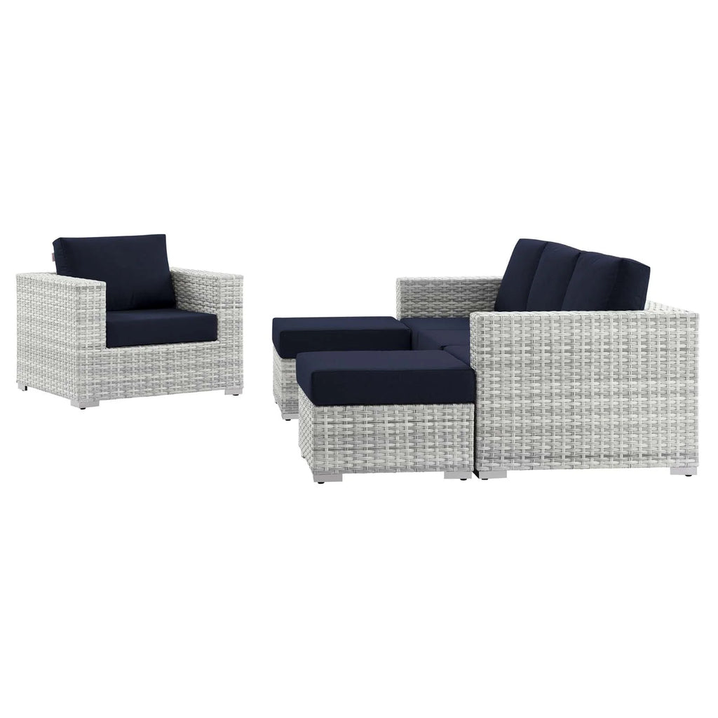 Lounge Sectional Sofa Chair Set, Rattan, Wicker, Light Grey Gray Blue Navy, Outdoor Patio Balcony Cafe Bistro Garden Furniture Hotel Hospitality C350