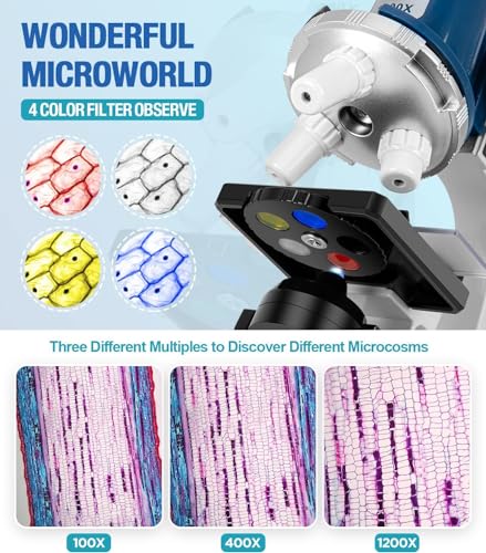 Kids Microscope Kit 100X-1200X Magnification Metal Body LED Light C20642