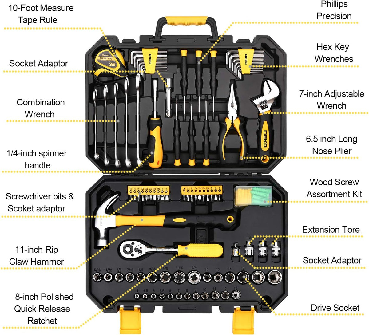 128 Piece Mechanics Hand Tool Set with Plastic Toolbox Storage Case S6837